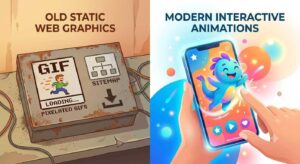 Comparison illustration of old static web graphics with pixelated GIFs versus modern interactive mobile animations