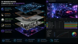 لایهها و پاسهای مجزای رندر سینما فوردی در تایملاین افتر افکت اتصال C4D به After Effects