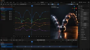 نمای نزدیک از Graph Editor بلندر با منحنی‌های انیمیشن Bezier و کره سه‌بعدی براق در حال پرش با افکت Motion Blur.
