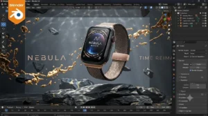 رندر سه‌بعدی ساعت هوشمند Nebula Watch روی صخره‌ها و طلای مایع در محیط نرم‌افزار بلندر برای موشن دیزاین.